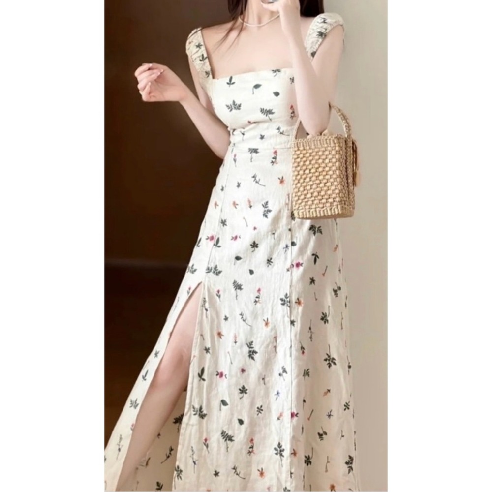 Zara Midi Dress XL Cream Floral Embroidered Linen Flower Lace Up Back Slit Boho - Picture 8 of 8